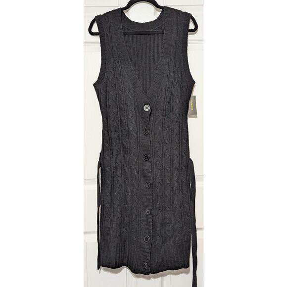 Style & Co Sweater Vest Midi Dress Womens Medium Black Cable Knit Button Belted - Picture 7 of 9